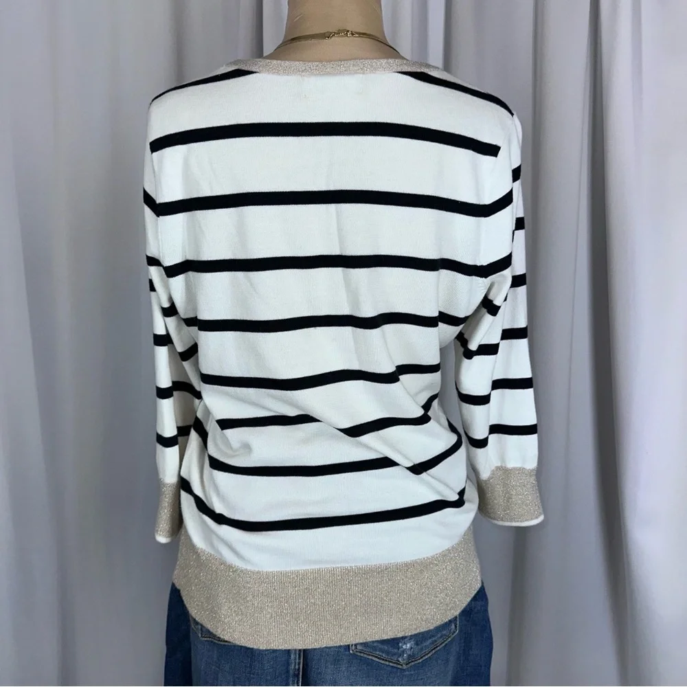 Lands End‎ Women’s Striped 100% Supima Cotton Sweater Sz S 3/4 Sleeve Metalli